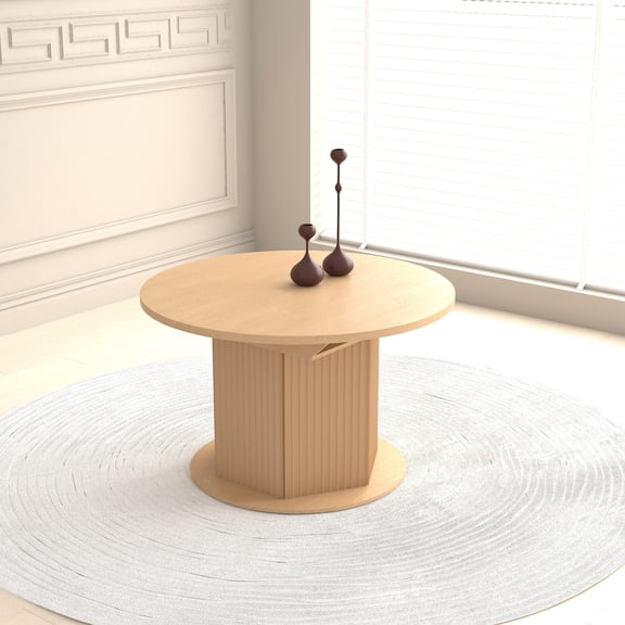 Noble House Round Extendable Dining Table, Wooden Kitchen Table with Textured Base and Removable Leaf, Light Brown