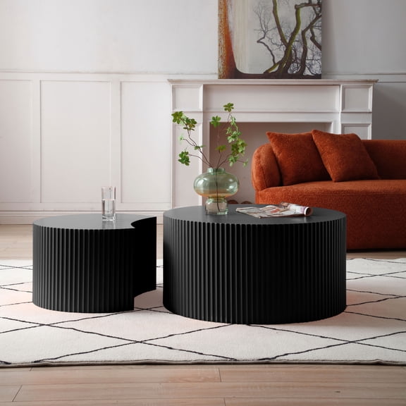 Noble House Round & Half-Moon Nesting Tables, MDF Handcrafted Relief Coffee Table, Space-Saving, Black, Set of 2