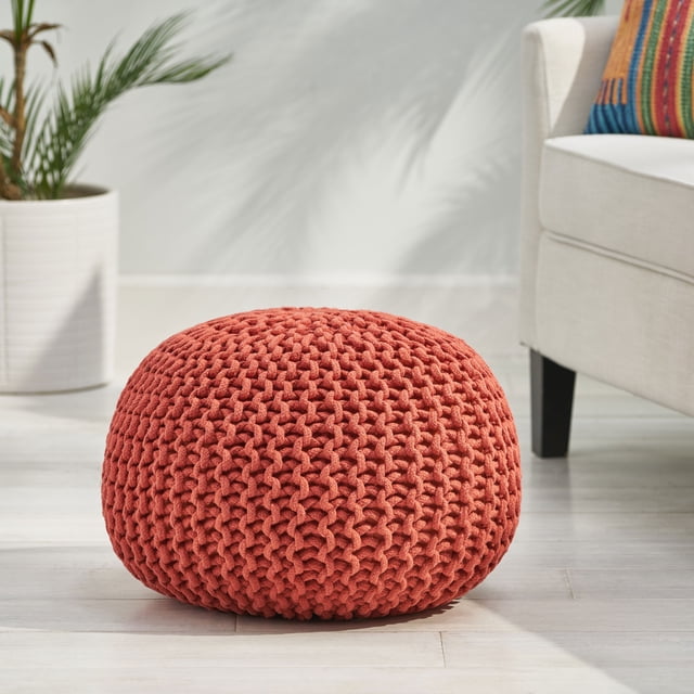 Noble House Round Plush Cotton Pouf, Orange