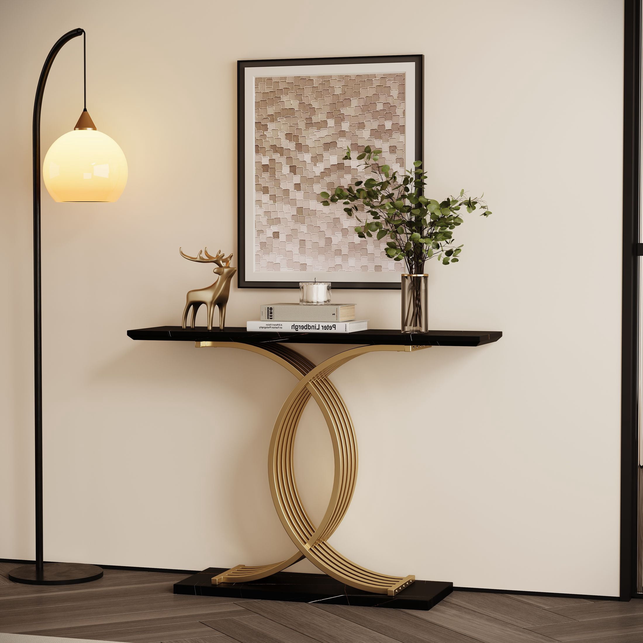 Noble House Rowen 43.3" Narrow Entryway Console Table with Intertwined Gold Metal Base, Black & Gold