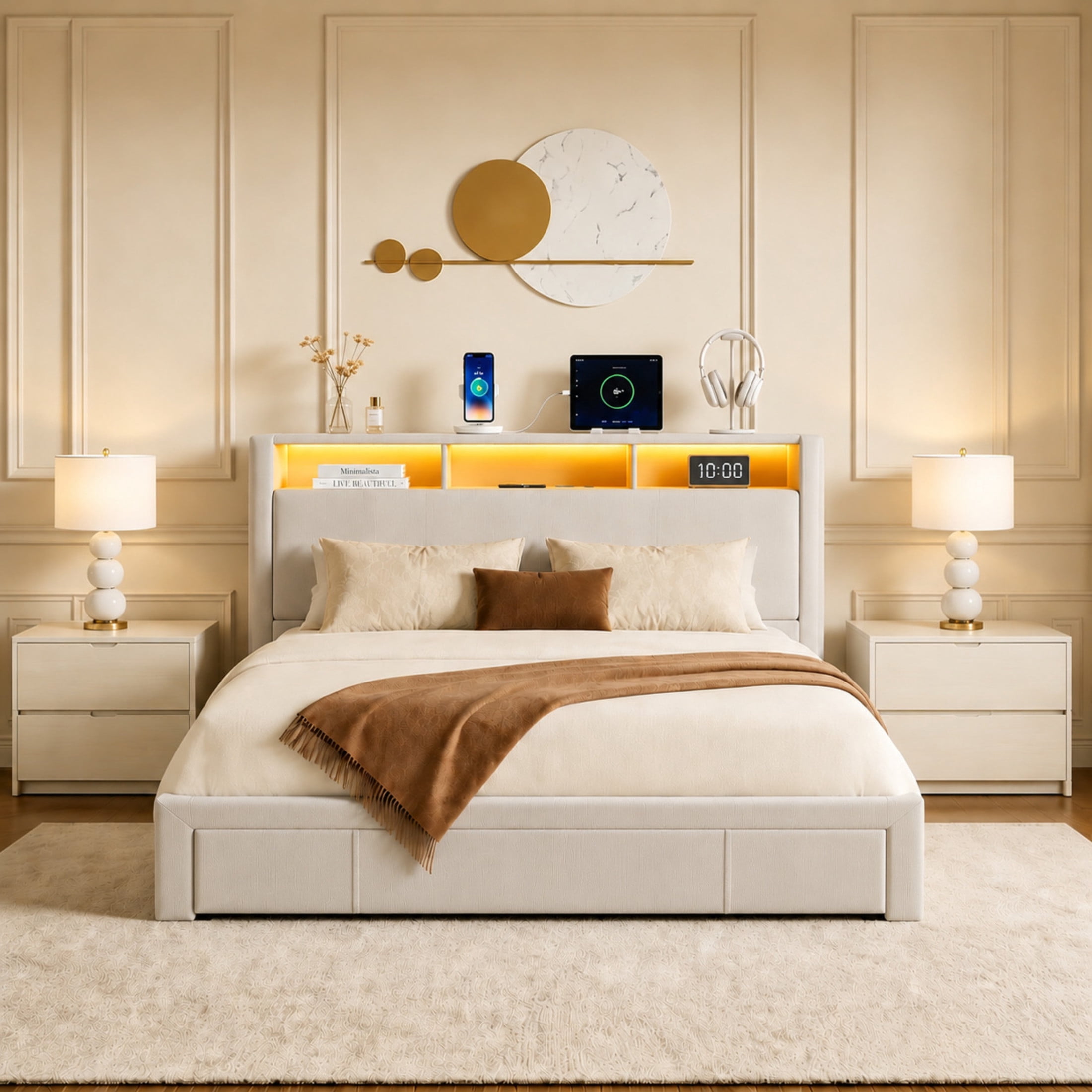 Noble House Rowen Full Upholstered Platform Bed Frame with Charging Station & LED Light, Storage Drawers, Beige