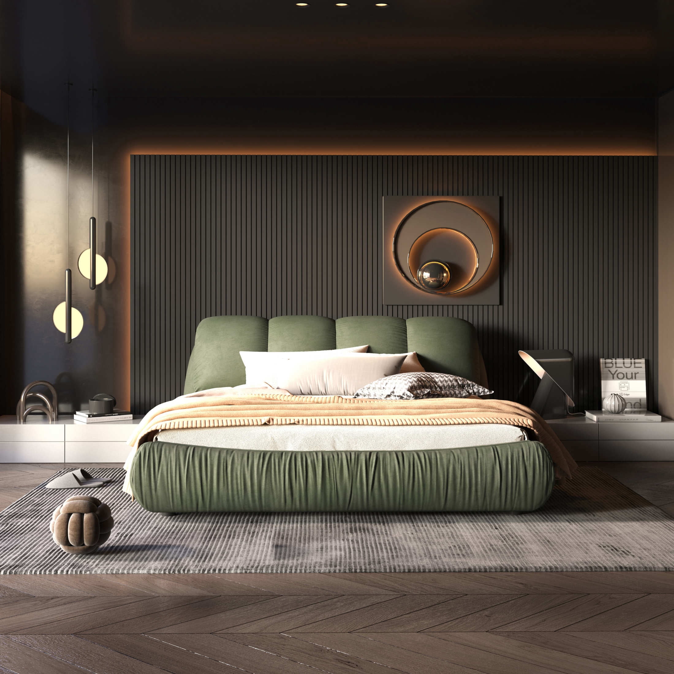 Noble House Rowen King Size Luxury Upholstered Platform Bed, Ergonomic Padded Cloud Headboard, Green