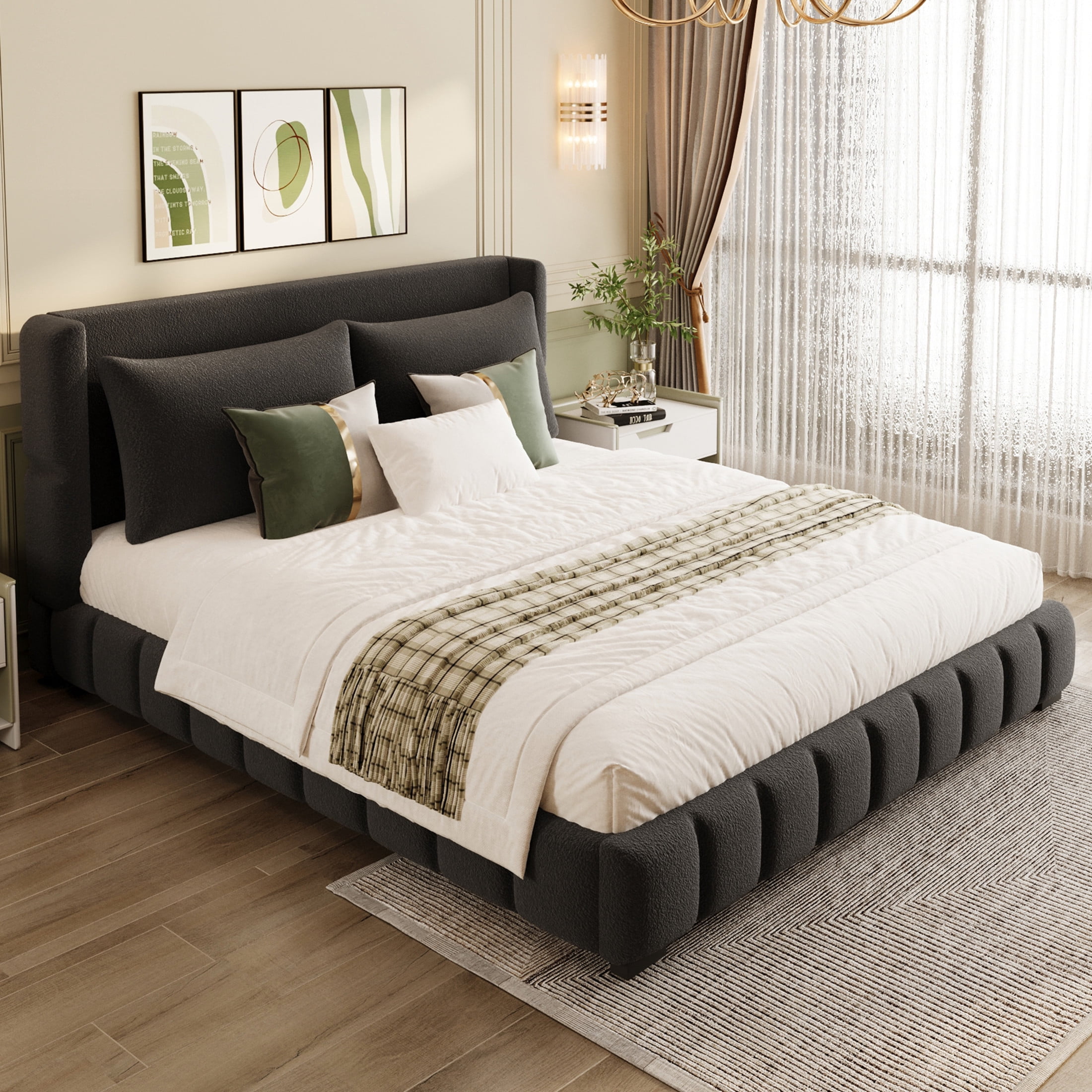 Noble House Rowena King Size Velvet Upholstered Platform Bed with Matching Pillows, Sturdy Wood Frame, Black