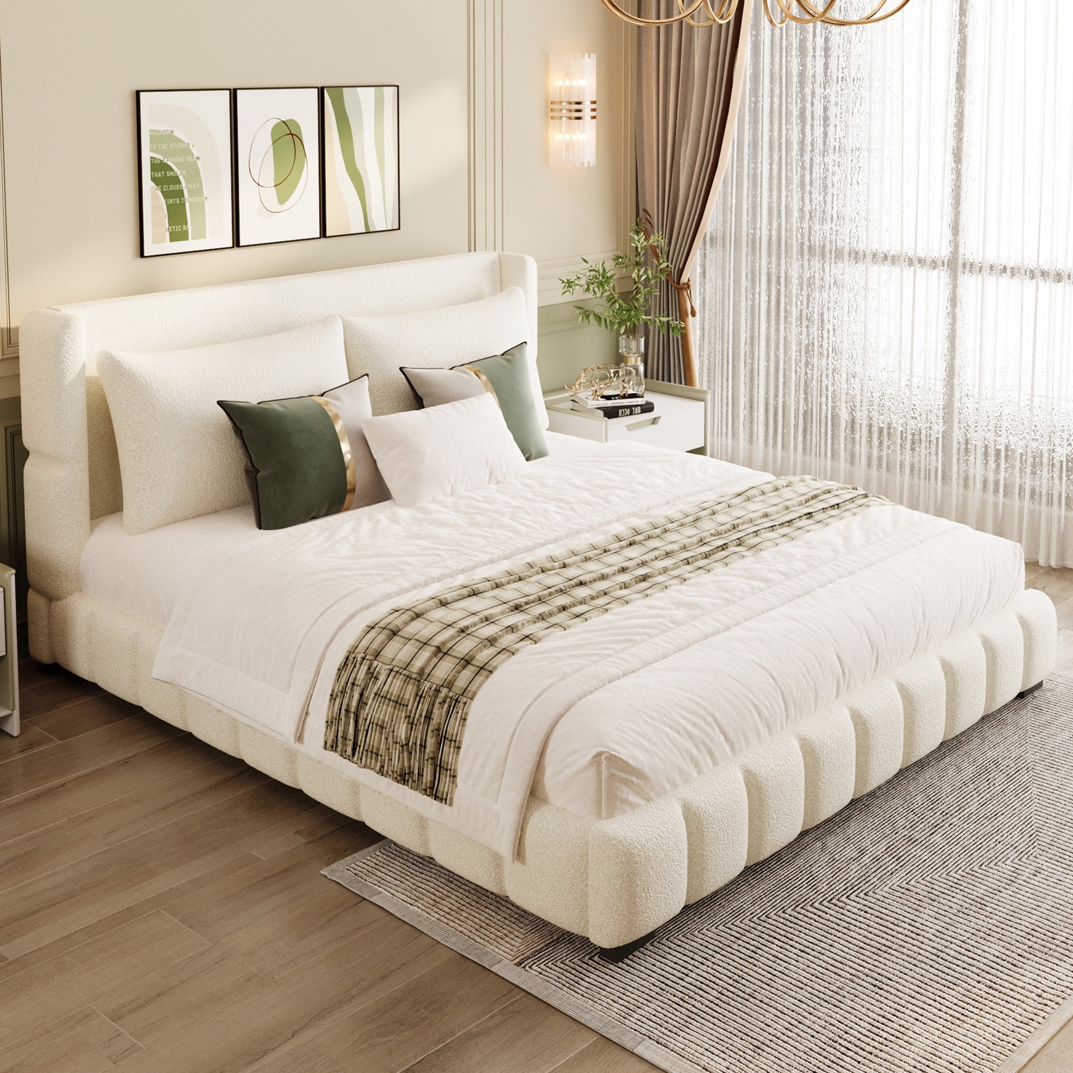 Noble House Rowena King Size Velvet Upholstered Platform Bed with Matching Pillows, Sturdy Wood Frame, White