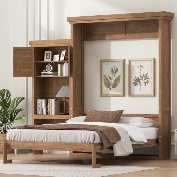 Noble House Rowena Queen Murphy Bed with Storage Shelves and Louvered Door Design, Wall Bed Cabinet, Wood