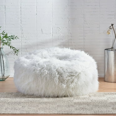 Noble House Rubani Faux Furry Bean Bag Chair, White