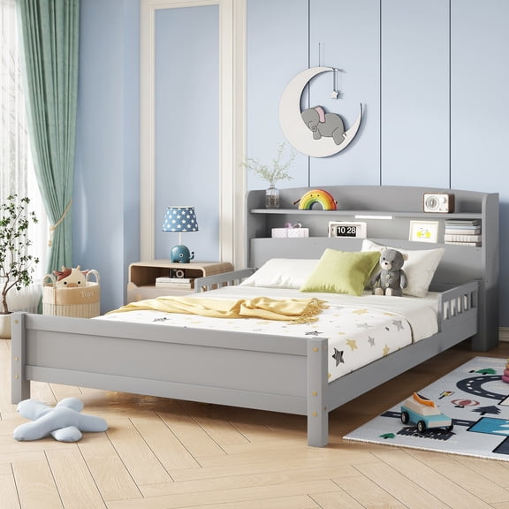 Noble House Ruby Full Bed, Pine Wood Frame with Bookcase Headboard, Guardrails & LED Motion Sensor Light, Grey