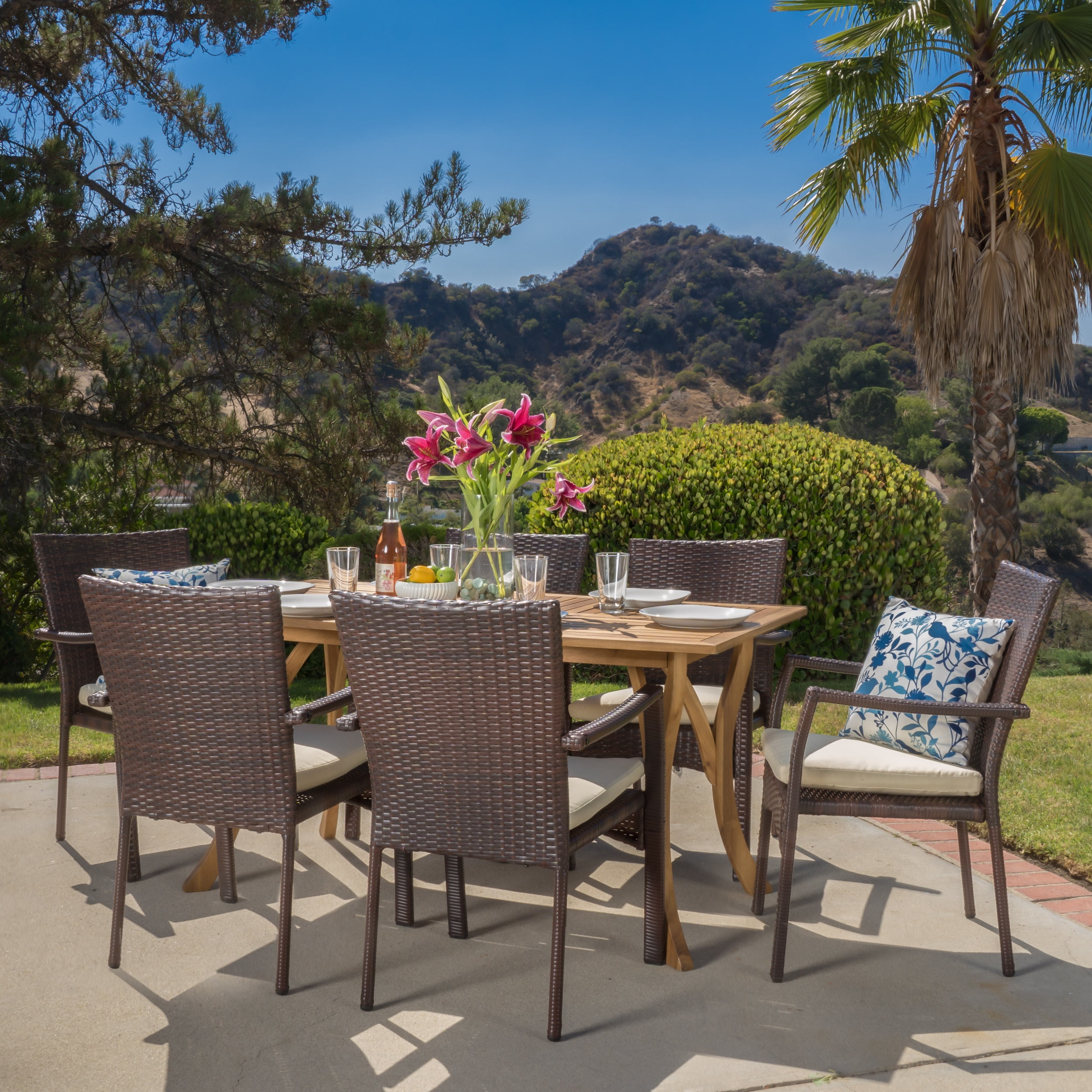 Noble House Ruiz 7 Piece Outdoor Wicker and Acacia Wood Dining Set with Cushions, Teak Finish/Creme