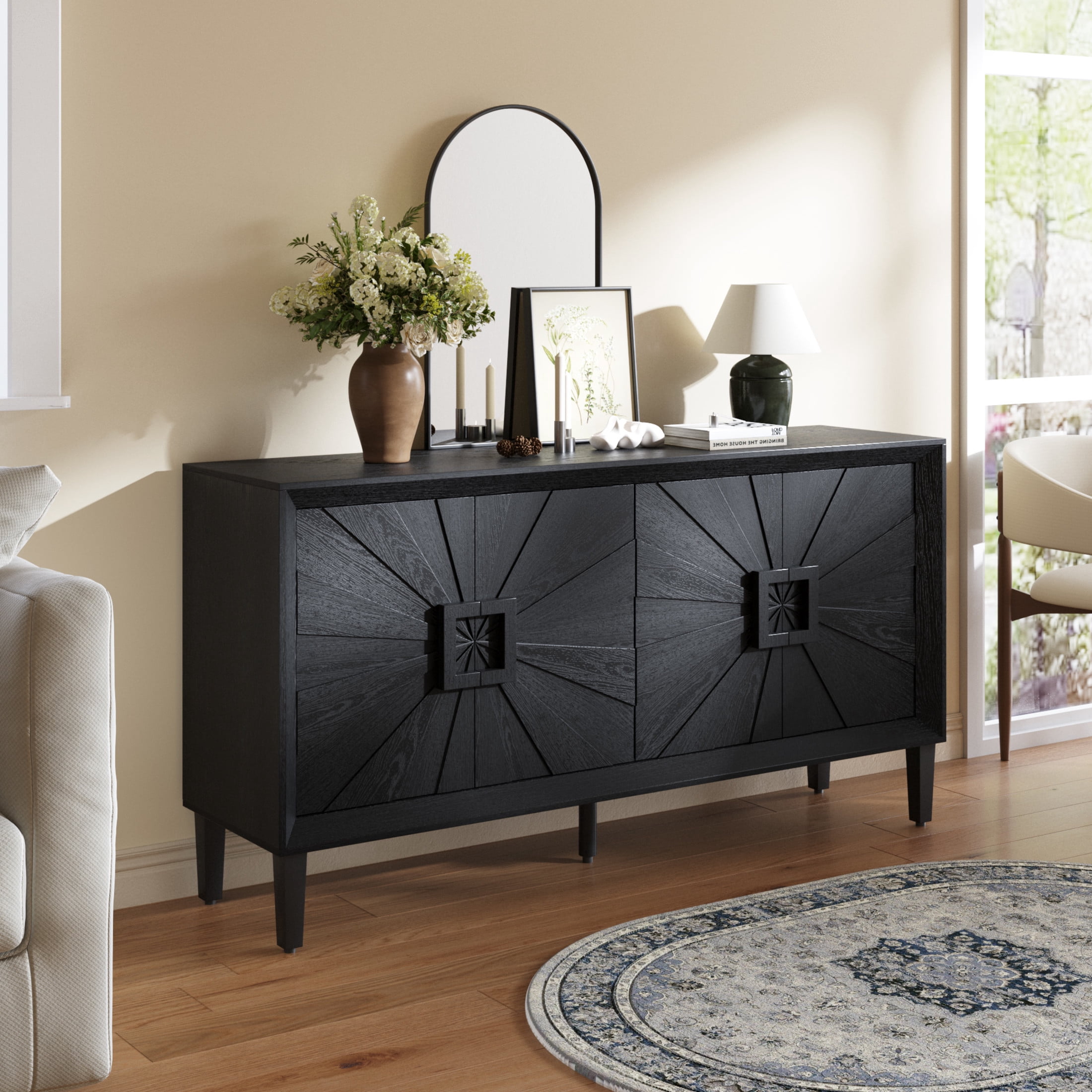 Noble House Rustic Farmhouse Credenza with Sunburst Doors, Solid Antique Wood TV Stand and Storage Cabinet with Adjustable Shelves, Black