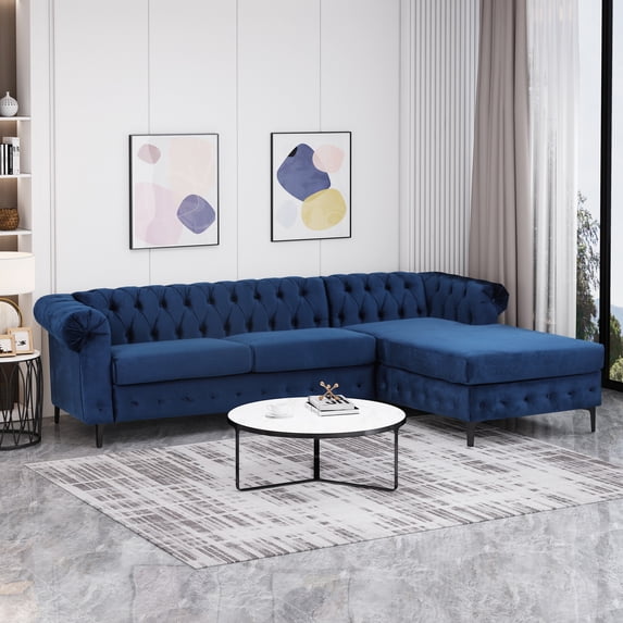 Noble House Rustyn Velvet Sectional Chaise Sofa, Midnight Blue, Blue
