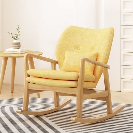 Noble House Ryker Mid Century Modern Fabric Rocking Chair, Muted Yellow