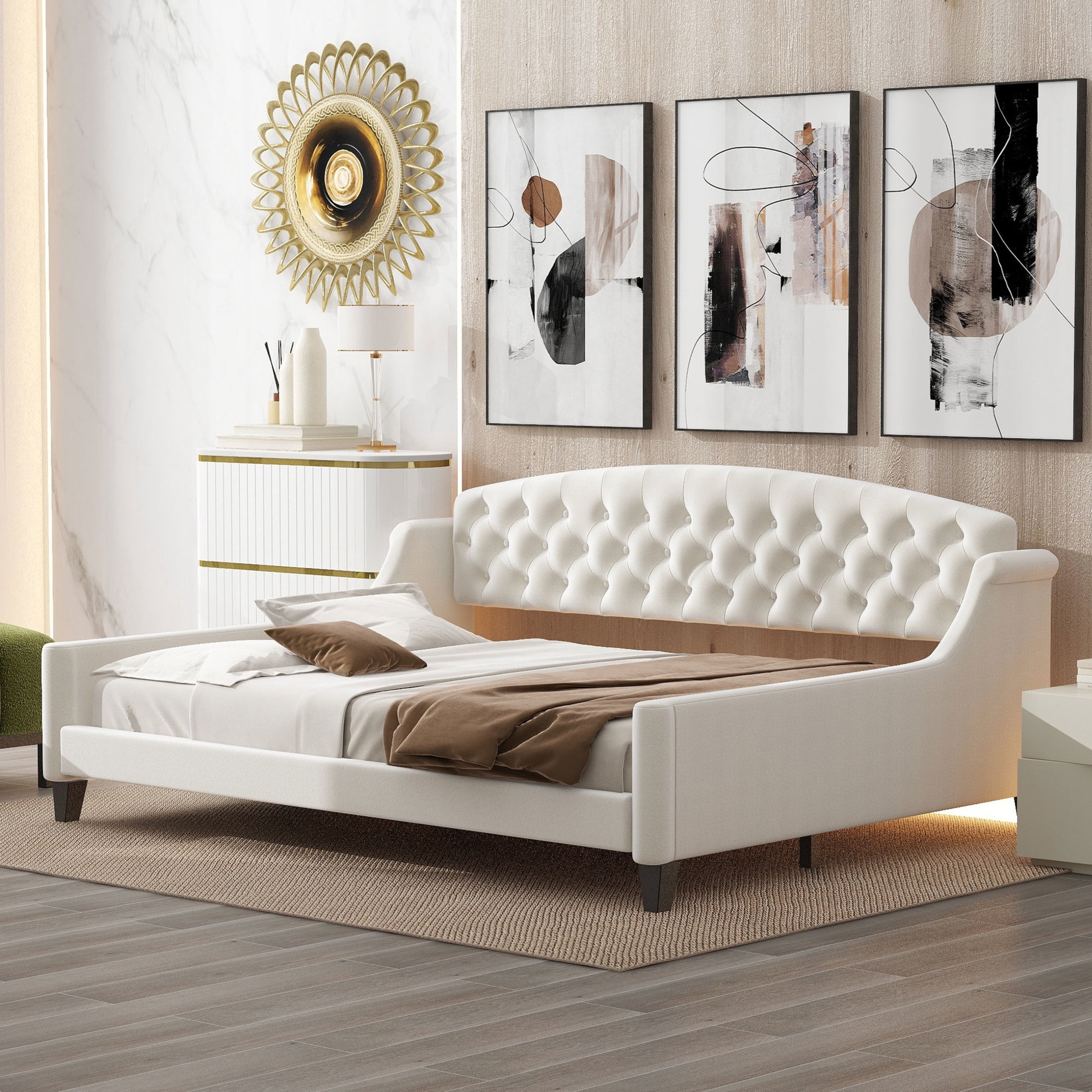 Noble House Sabrina Luxury Full Daybed, Velvet Upholstered Tufted Sofa Bed, Plywood Frame with Piped Edges, Beige