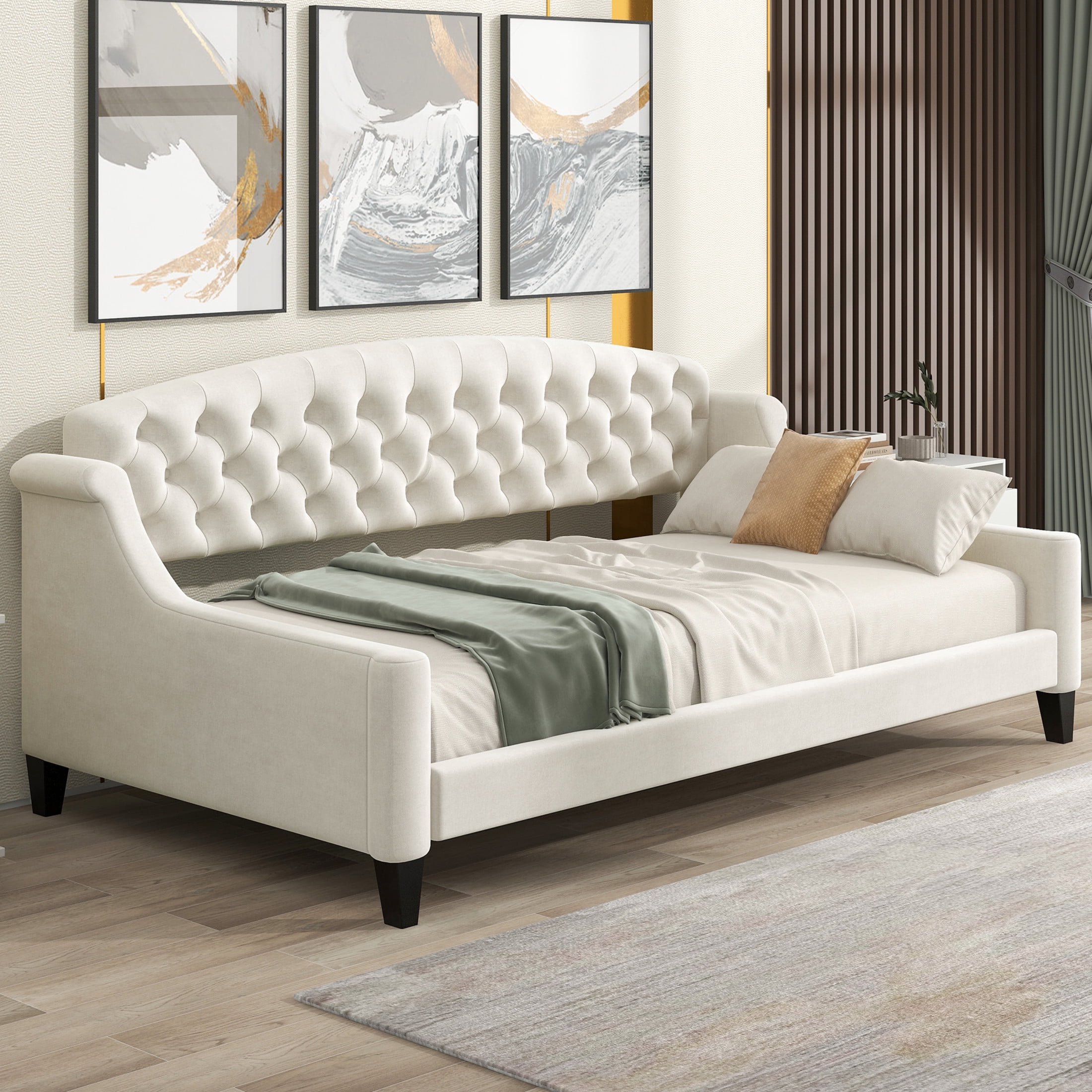 Noble House Sabrina Luxury Twin Daybed, Velvet Upholstered Tufted Sofa Bed, Plywood Frame with Piped Edges, Beige