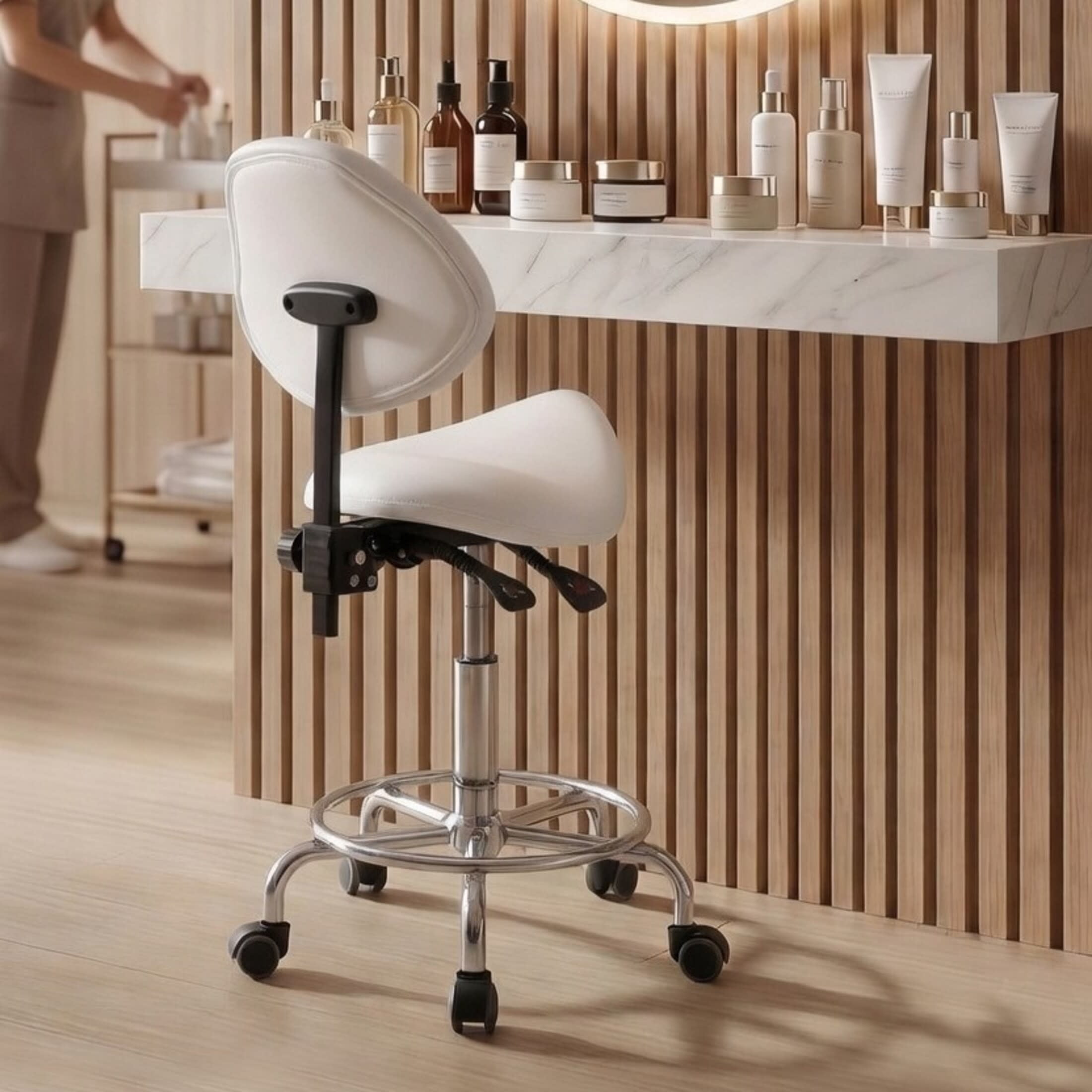 Noble House Saddle Stool Chair with Adjustable Backrest, Hydraulic Lift, Swivel Seat, White