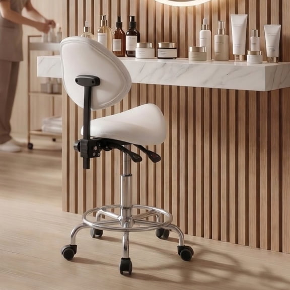 Noble House Saddle Stool Chair with Adjustable Backrest, Hydraulic Lift, Swivel Seat, White