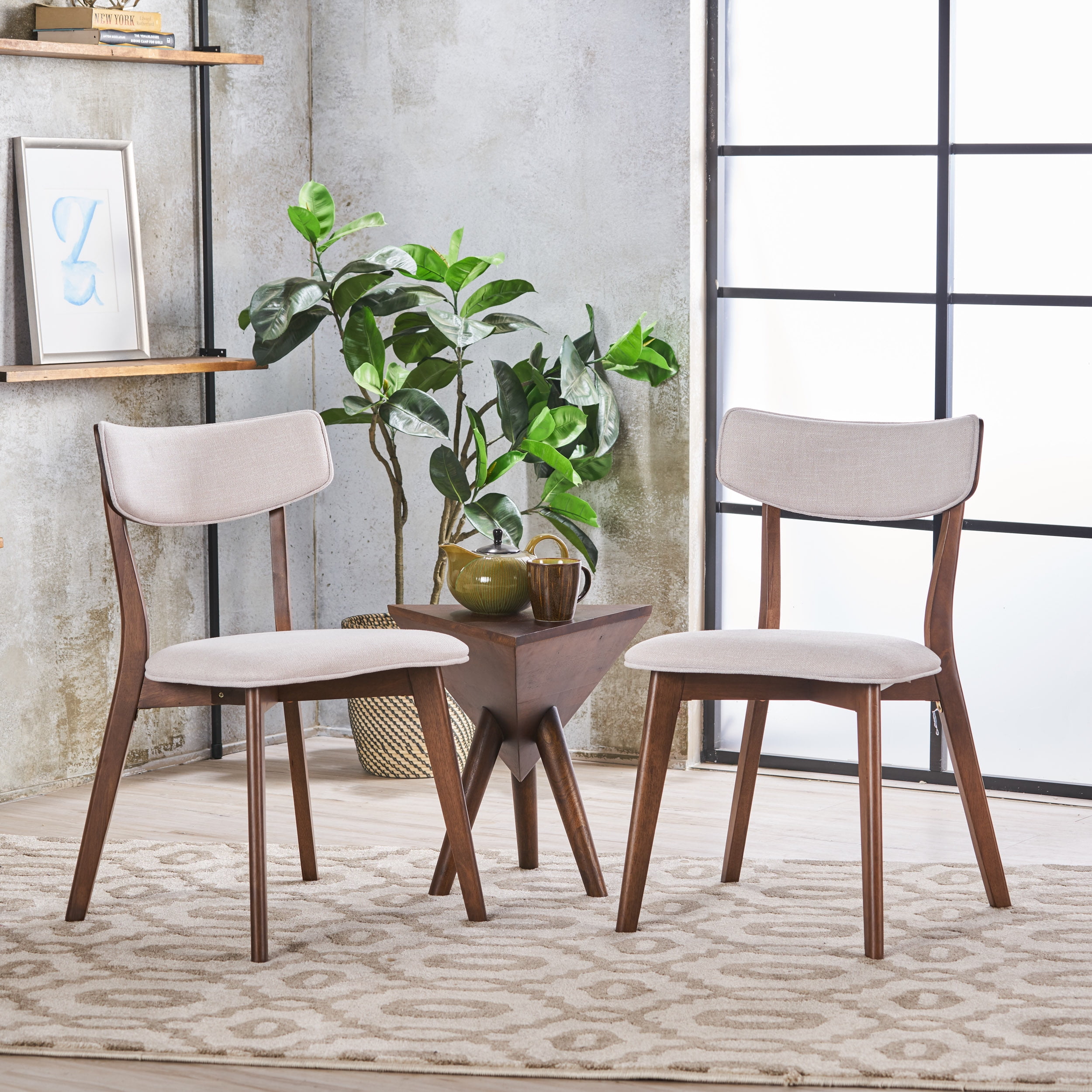 Noble House Sadie Indoor Mid-Century Fabric Dining Chairs, Set of 2, Beige, Walnut