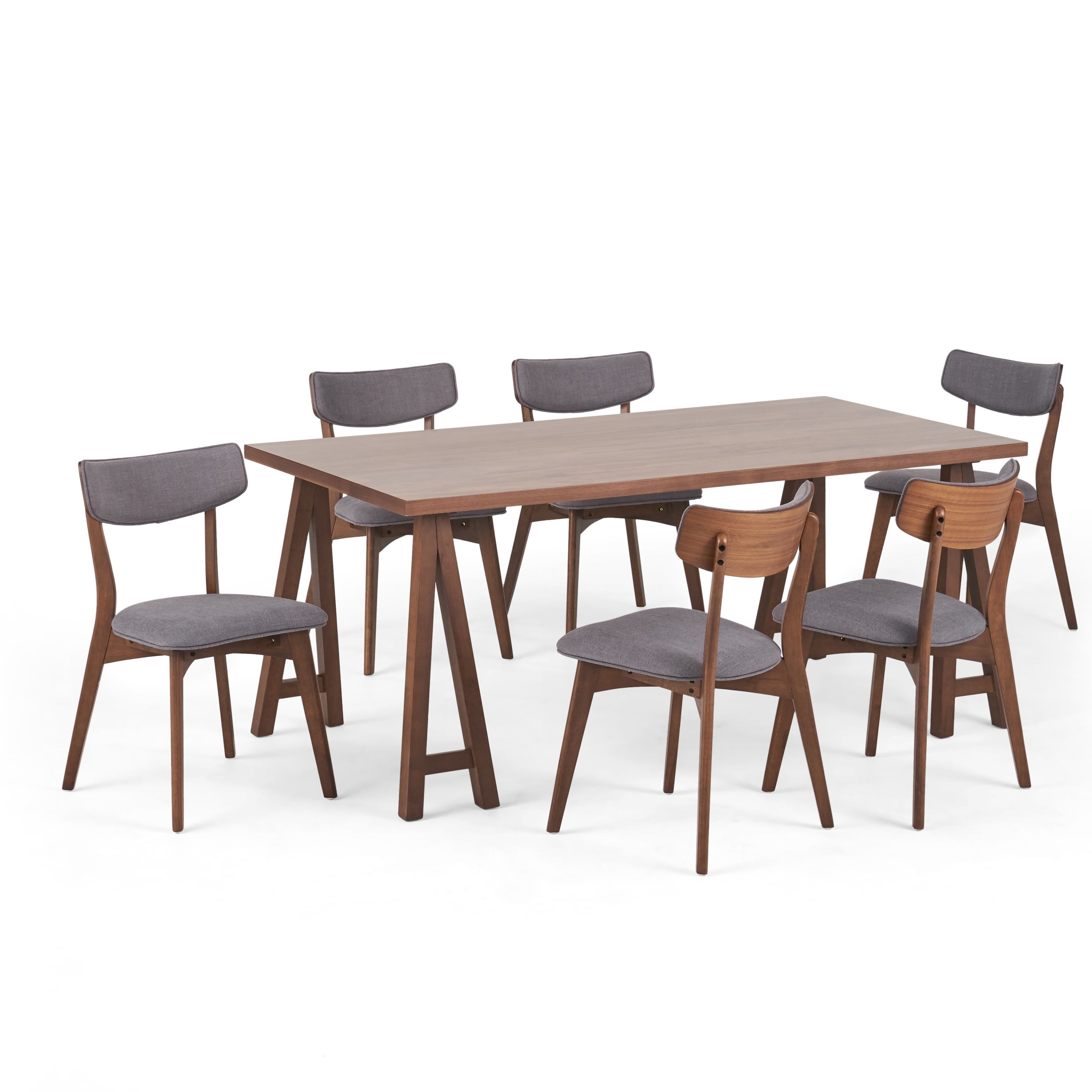 Noble House Sadie Indoor Rubberwood Dining Set, Dark Gray, Walnut