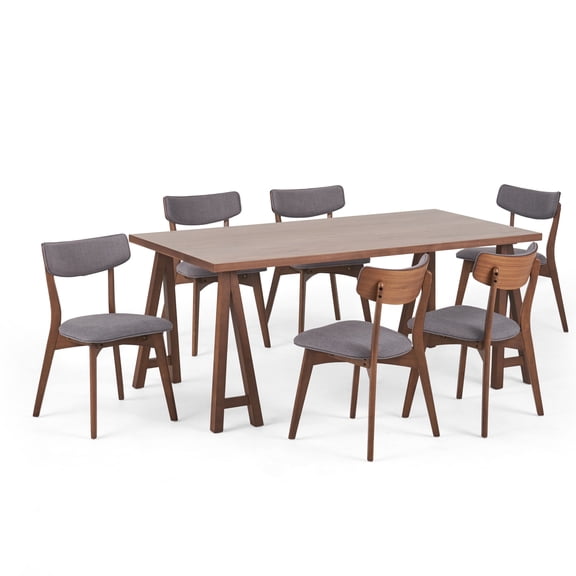 Noble House Sadie Indoor Rubberwood Dining Set, Dark Gray, Walnut