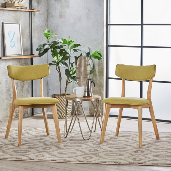 Noble House Sadie Mid-Century Fabric Dining Chairs, Set of 2, Natural Oak, Green Tea