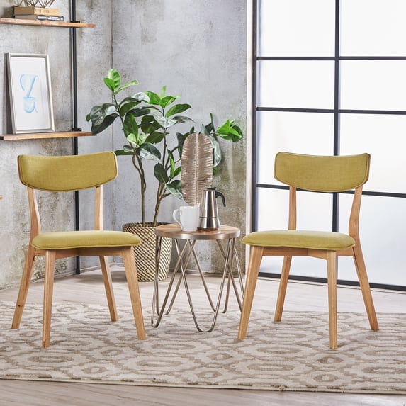 Noble House Sadie Mid-Century Fabric Dining Chairs, Set of 2, Natural Oak, Green Tea
