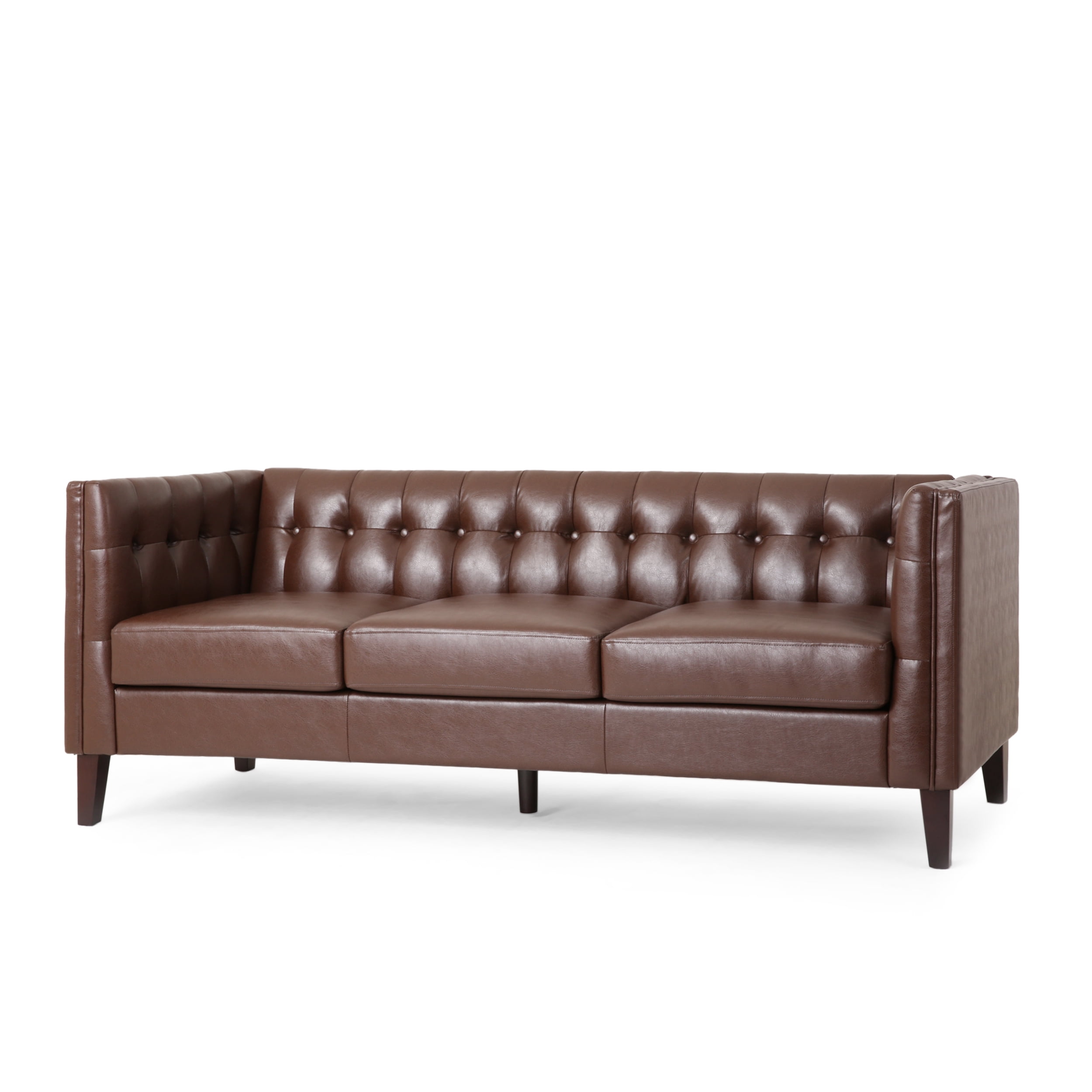 Noble House Sadlier Faux Leather Tufted 3 Seater Sofa, Dark Brown ...