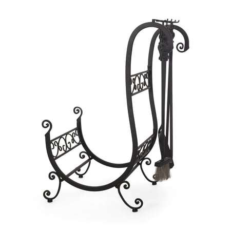 Noble House Sage Log Rack and Tool Set, Matte Black