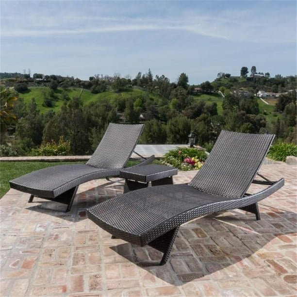 Noble House Salem 3 Piece Outdoor Metal Adjustable Chaise Lounge Set in Brown