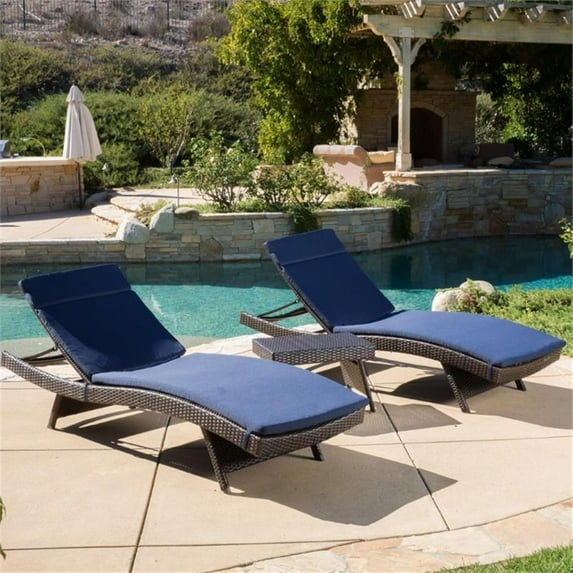 Noble House Salem 3-Piece Outdoor Metal Chaise Lounge Set in Brown and Navy Blue