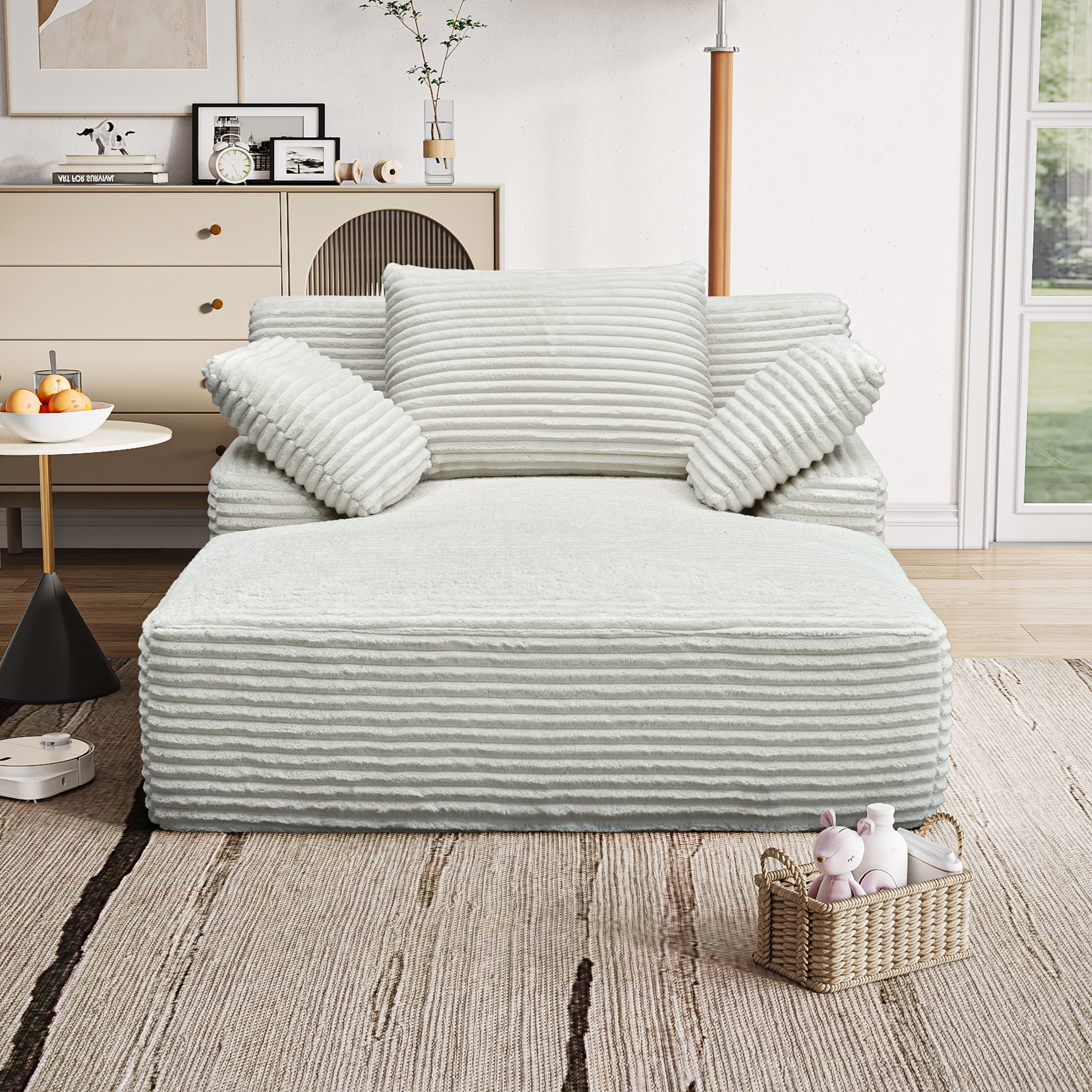 Noble House Salem 51" Oversized Chaise Lounge Chair, Plush Corduroy Sleeper Couch, Reading Chair for Living Room, White