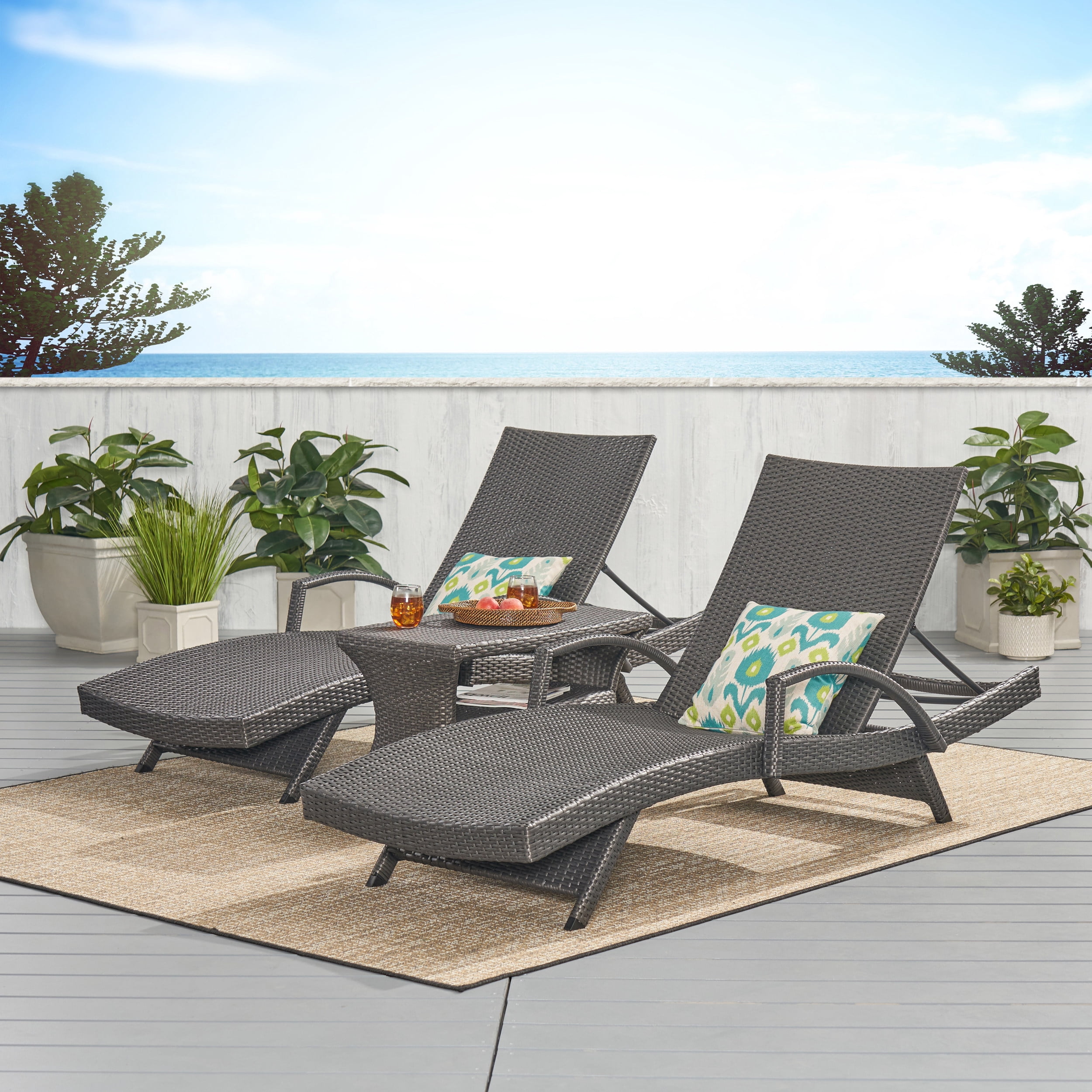 Noble House Salem Outdoor Patio Chaise Lounge Set w/Coffee Table in Gray Wicker