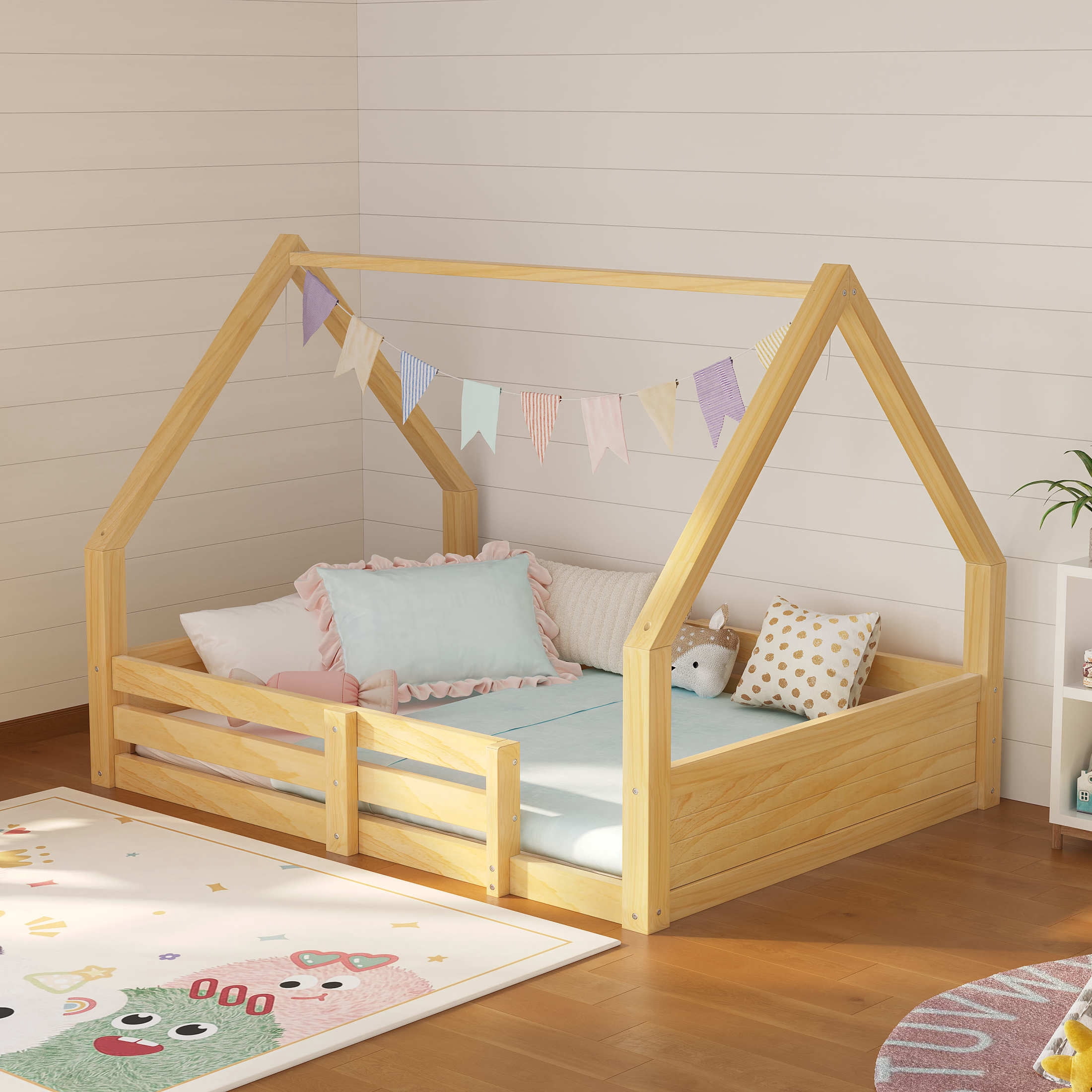 Noble House Salma Twin Size House Floor Wooden Bed with Roof Frame & Grooved Panels, Safety Guardrails, Natural