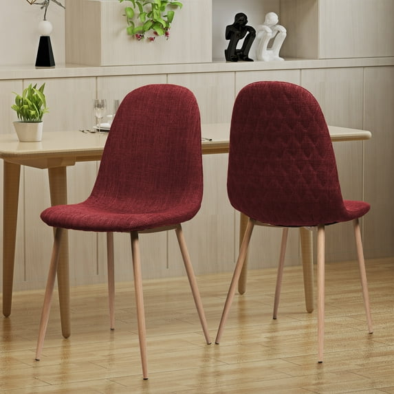 Noble House Samir Mid Century Fabric Dining Chairs, Set of 2, Light Walnut, Red