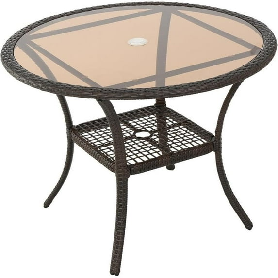 Noble House San Pico 40" Round Wicker Glass Top Patio Dining Table in Brown