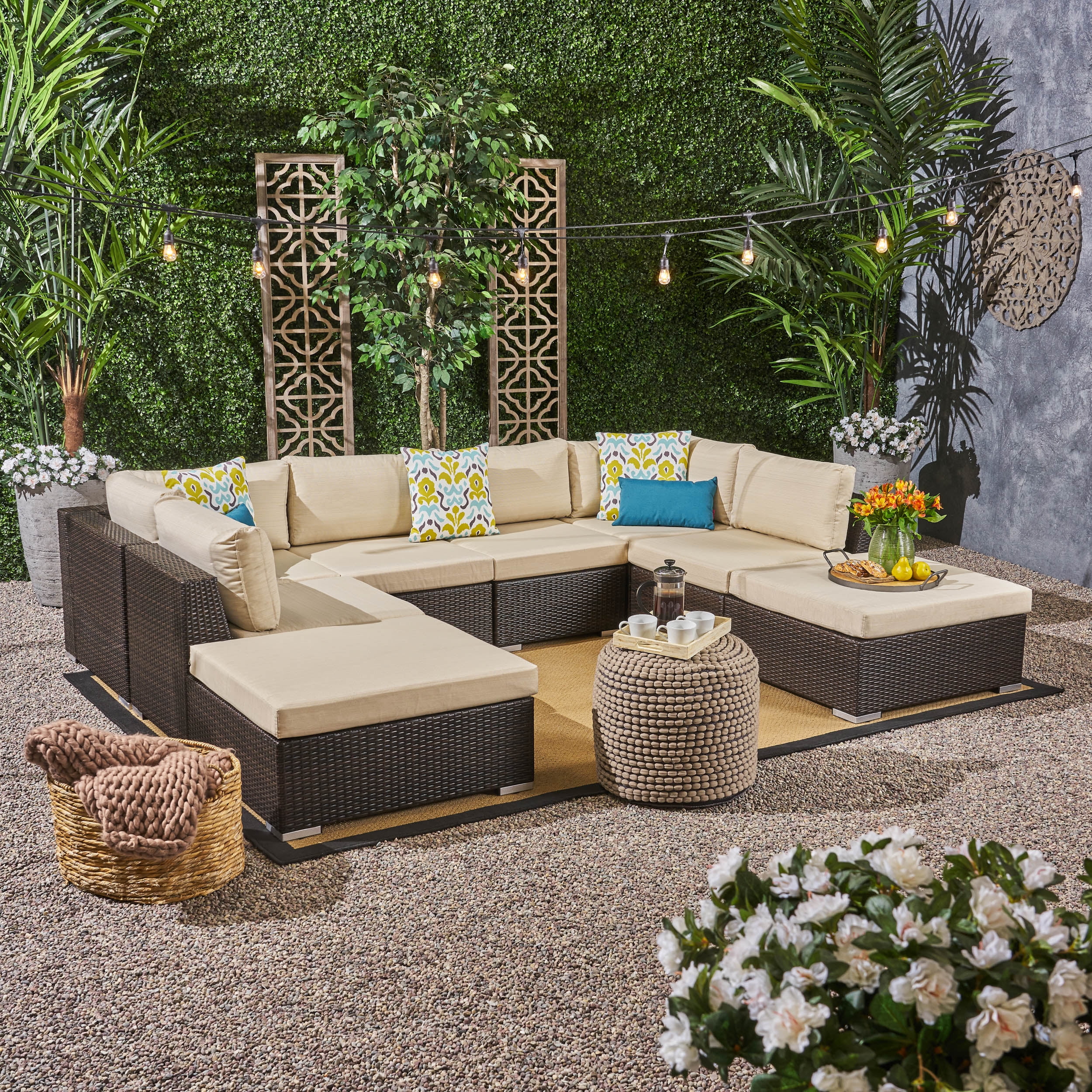 Brooke Outdoor 8 Piece Wicker Sofa Set and Cushions with Aluminum Frame, Multibrown, Beige