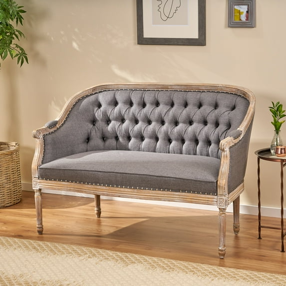 Noble House Sarahbella Fabric Loveseat with Nailhead, Dark Gray