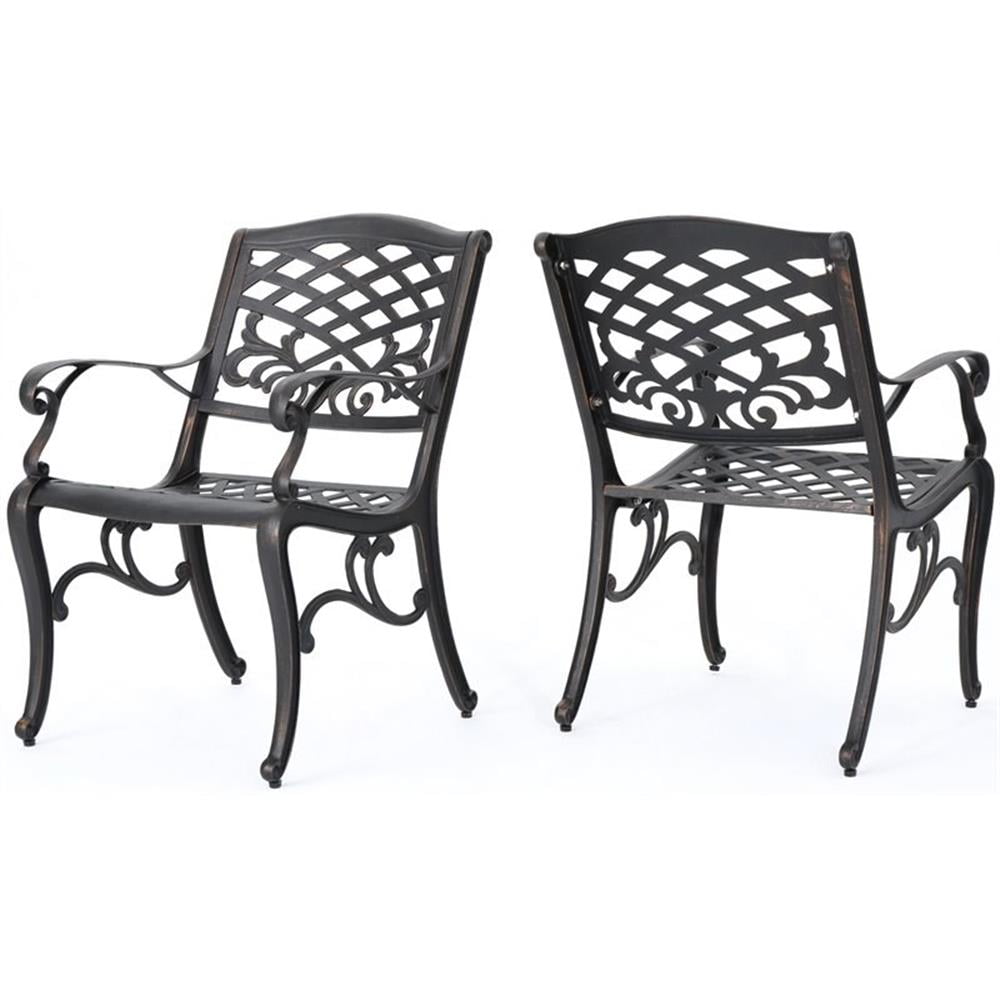 Antique Bronze Outdoor Cast Aluminum Dining Chairs, Set of 2