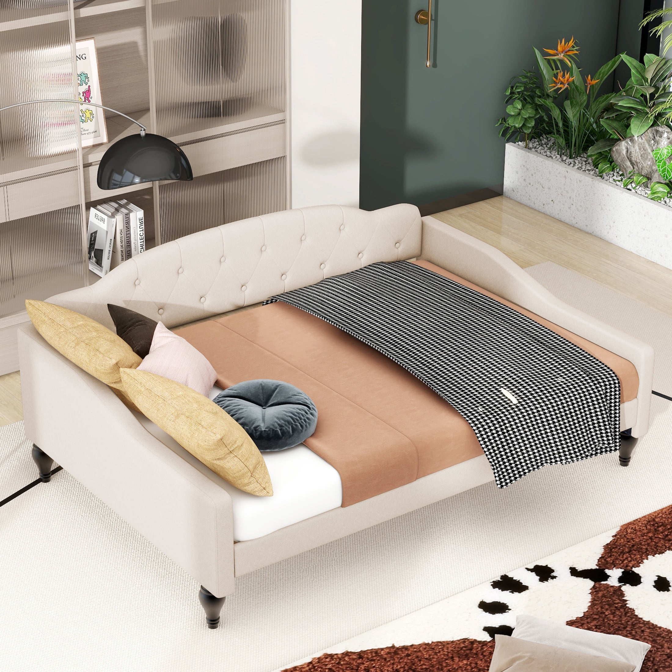 Noble House Sasy Full Size Upholstered Tufted Daybed, Linen Wingback Sofa Bed, Elegant Guest Bed, Beige
