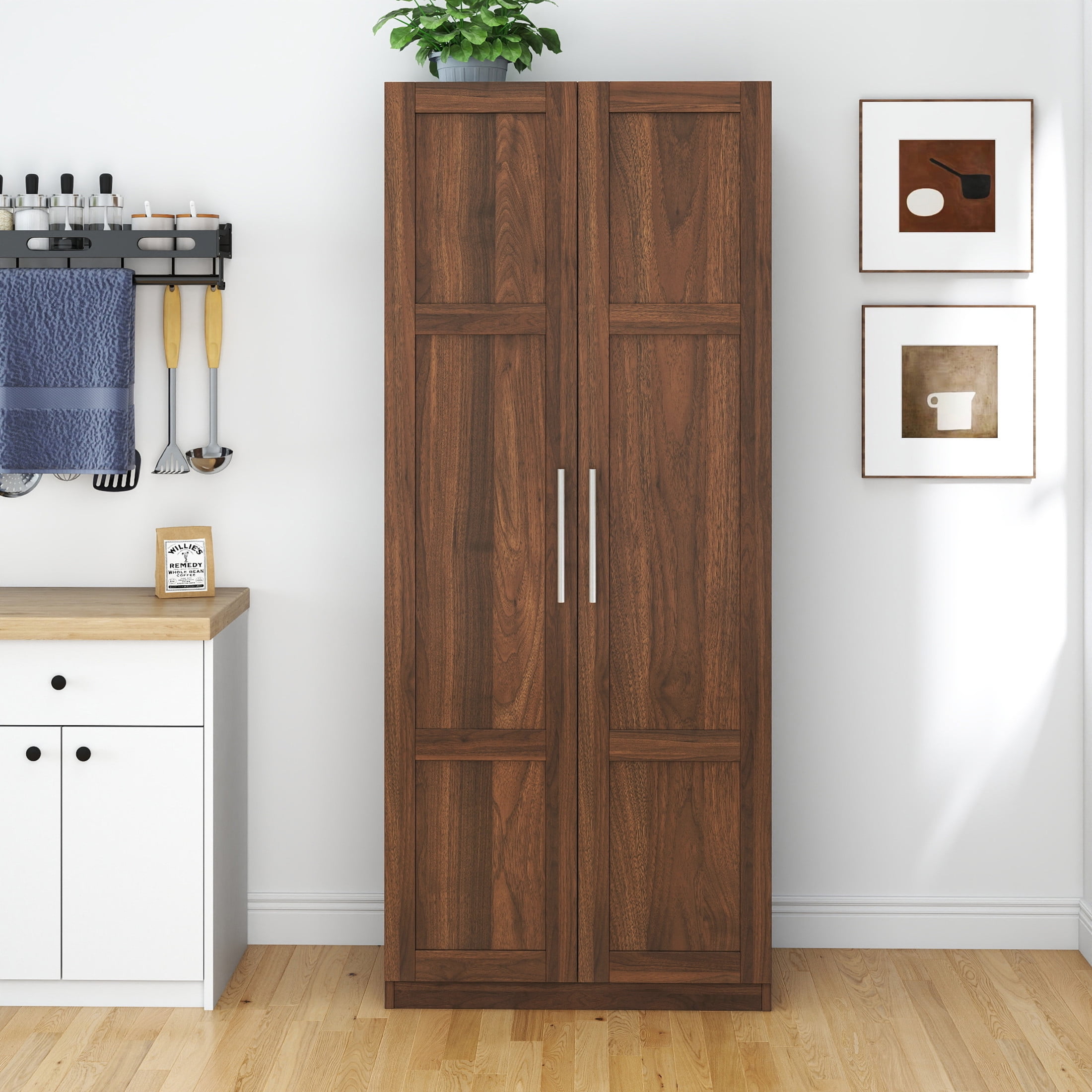 Noble House Savoy 70.9" Dining Room Pantry Cabinet, Adjustable Shelves, Freestanding Kitchen Storage, Walnut