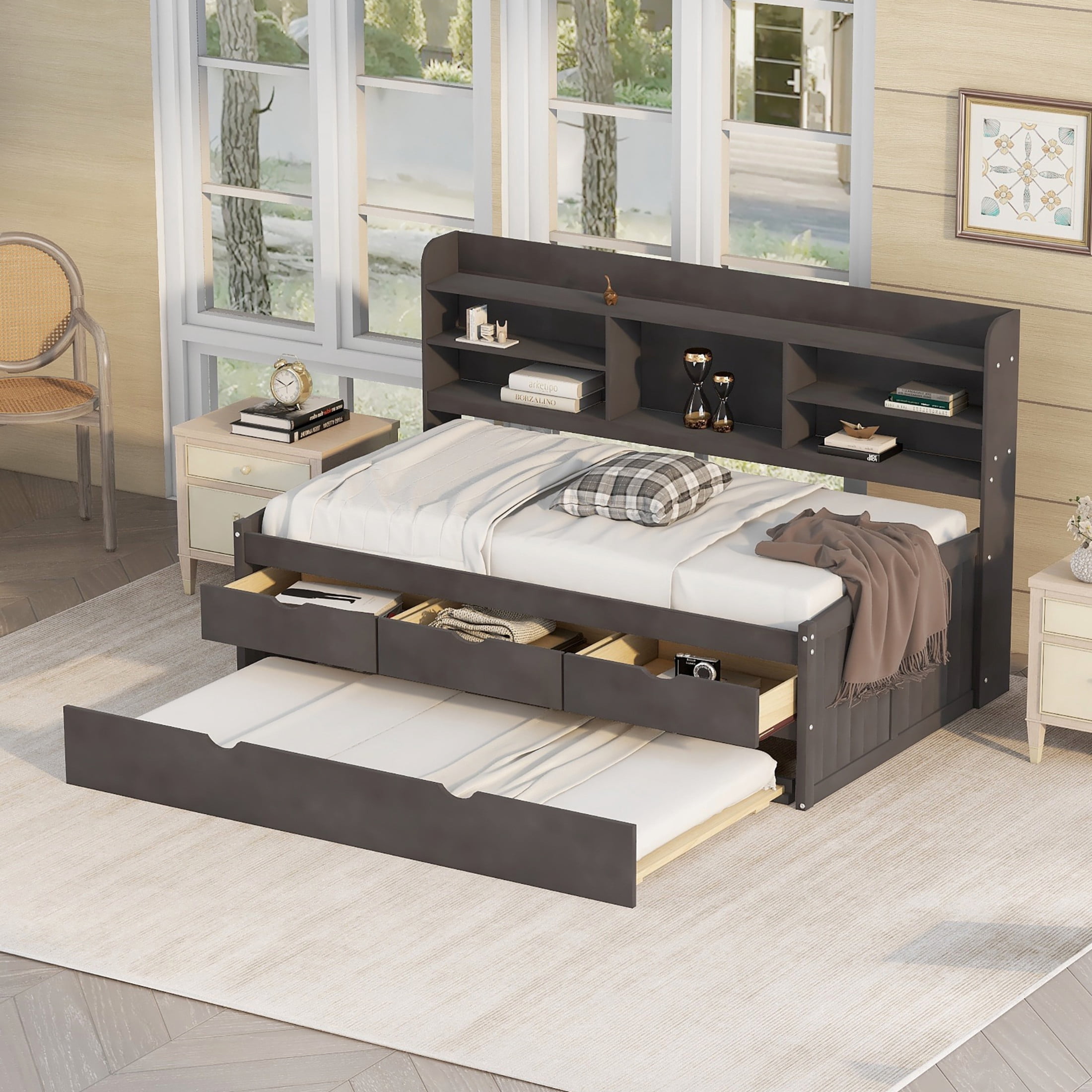Noble House Savoy Twin Size Wooden Captain Bed with Bookcase Headboard and Trundle, Storage Drawers, Antique Brown