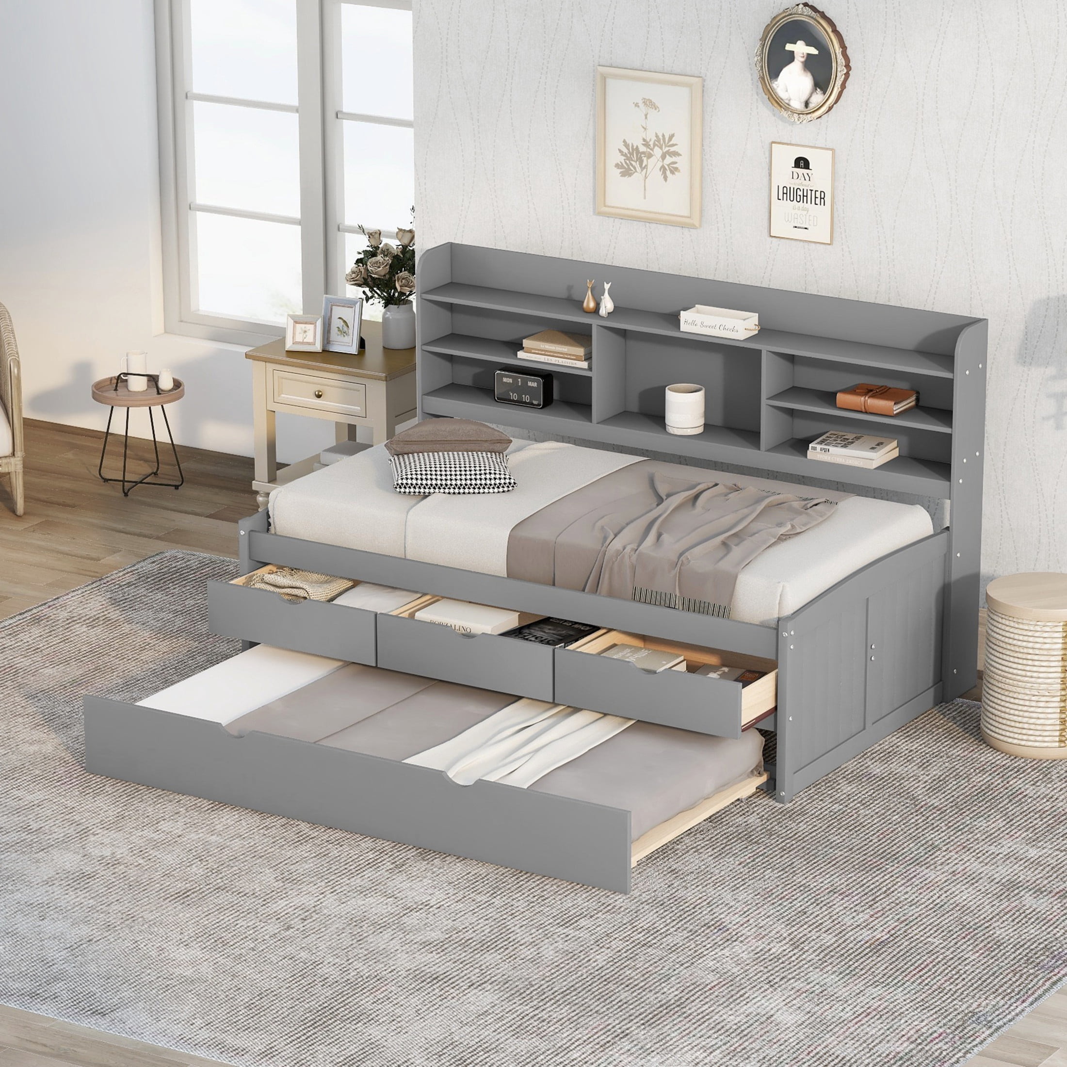 Noble House Savoy Twin Size Wooden Captain Bed with Bookcase Headboard and Trundle, Storage Drawers, Gray