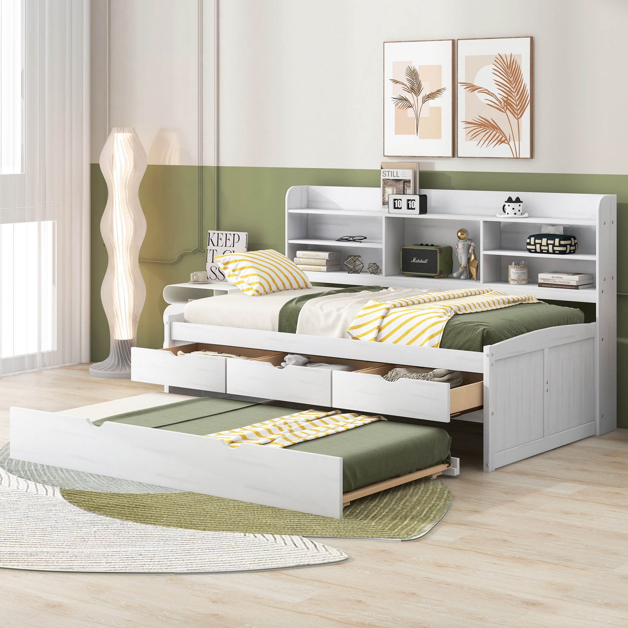 Noble House Savoy Twin Size Wooden Captain Bed with Bookcase Headboard and Trundle, Storage Drawers, White Washed