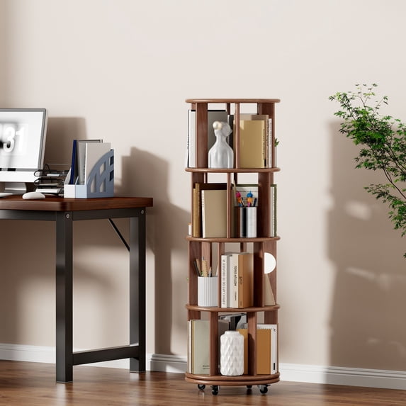 Noble House Saxon 54" 4-Tier Rotating Bookshelf Tower, Solid Rubberwood, 360° Bookcase on Locking Wheels, Walnut