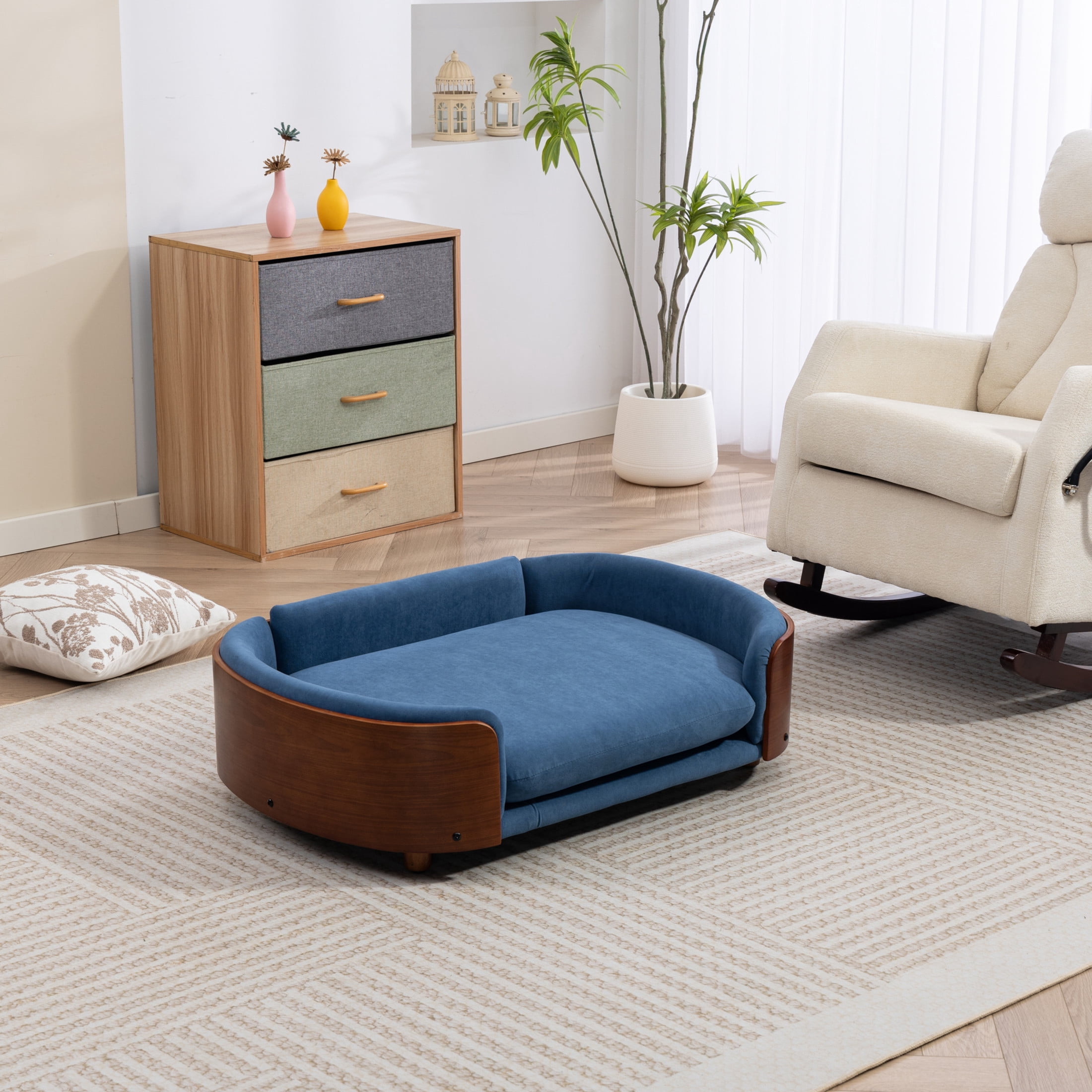 Noble House Scandinavian Elevated Large Dog Bed, Pet Sofa with Solid Wood Frame, Dark Blue and Walnut