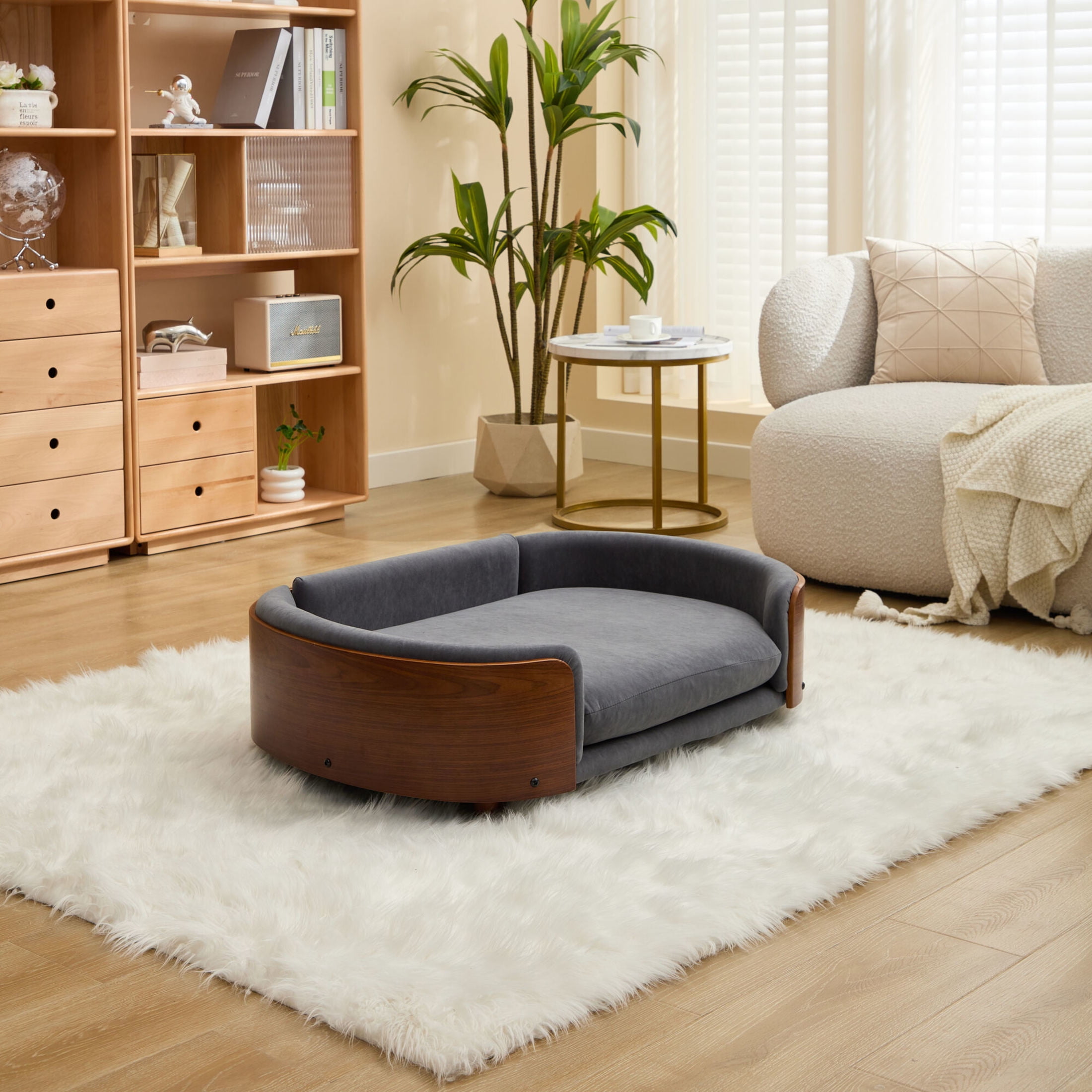 Noble House Scandinavian Elevated Large Dog Bed, Pet Sofa with Solid Wood Frame, Dark Gray and Walnut