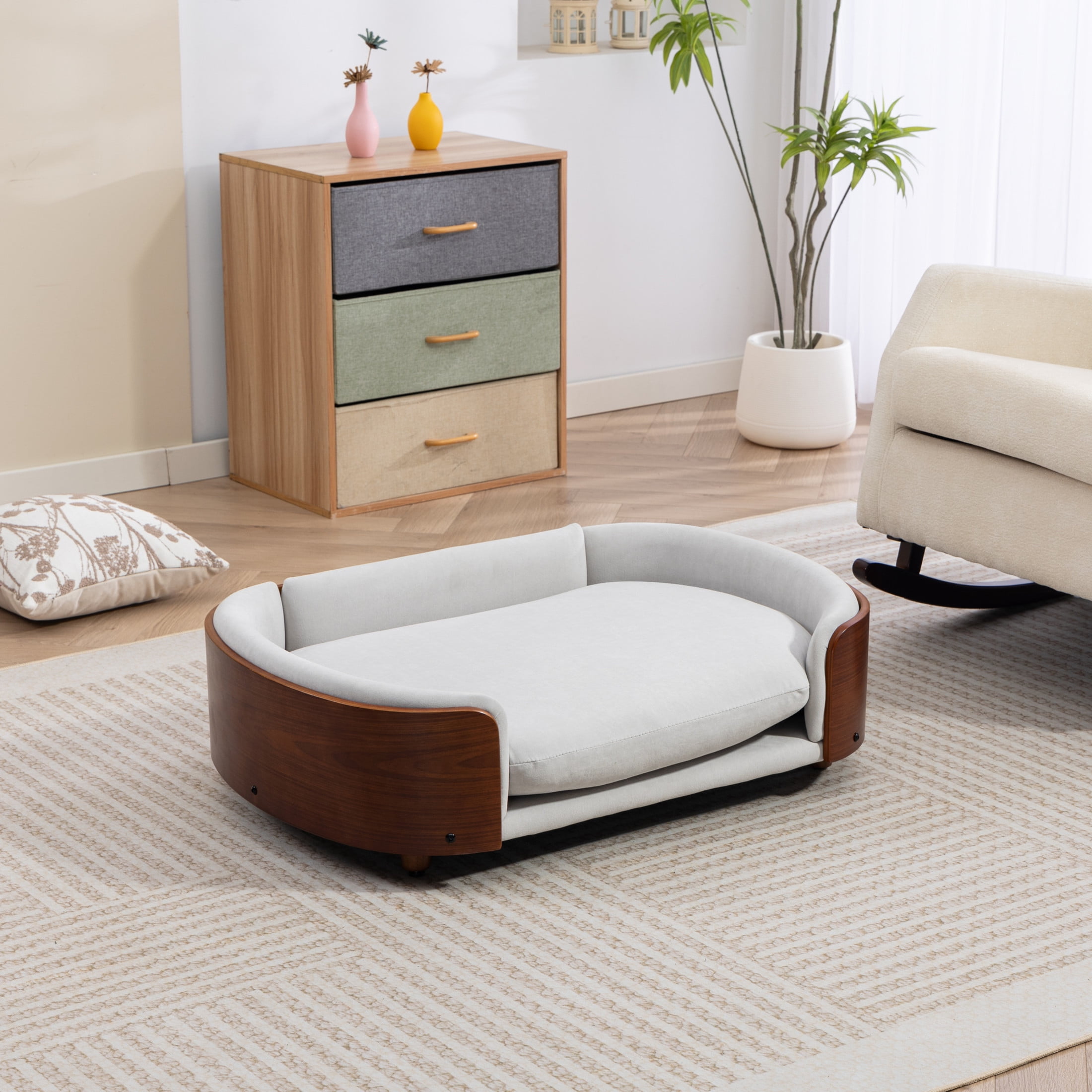 Noble House Scandinavian Elevated Large Dog Bed, Pet Sofa with Solid Wood Frame, Light Gray and Walnut