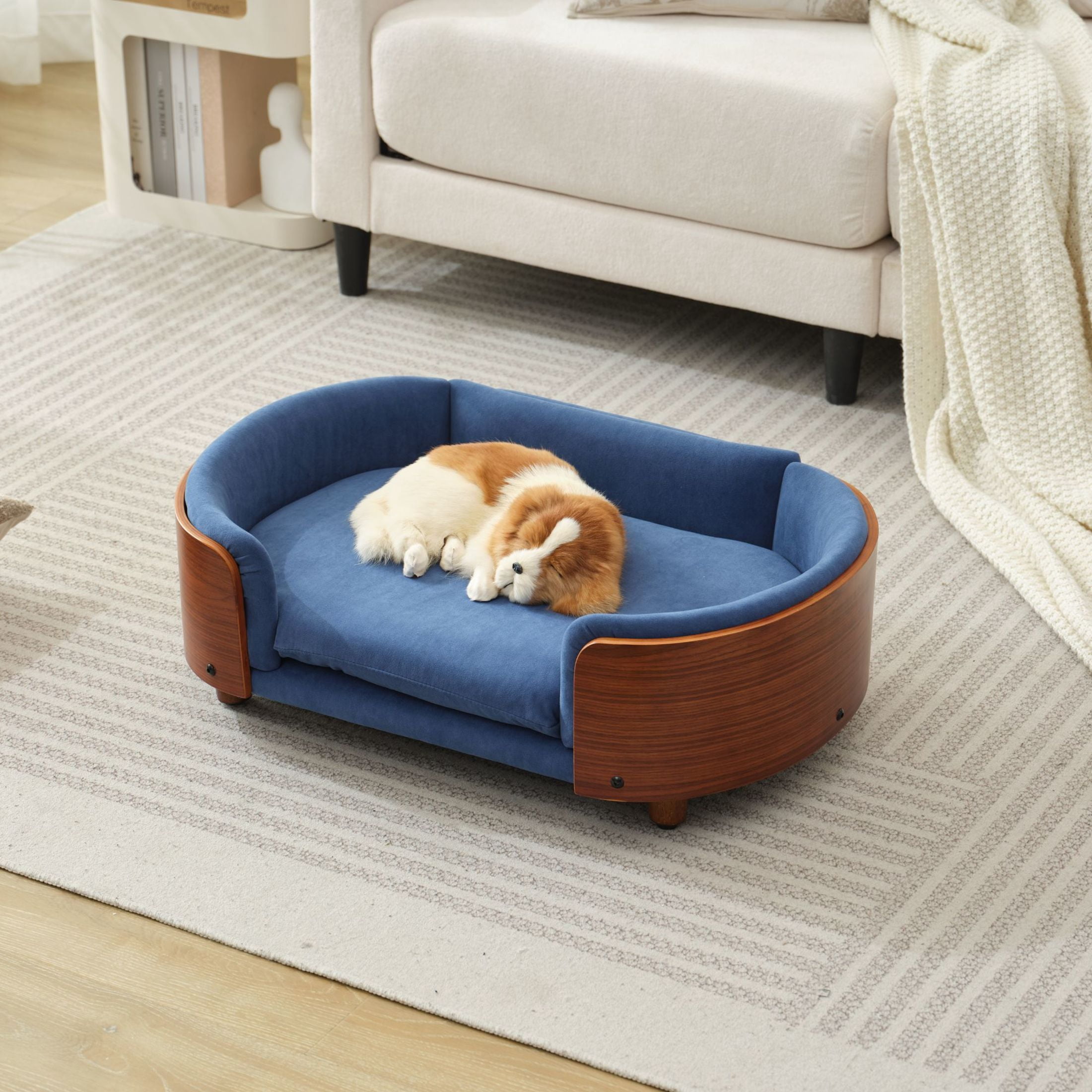 Noble House Scandinavian Elevated Small Dog Bed, Pet Sofa with Solid Wood Frame, Dark Blue and Walnut