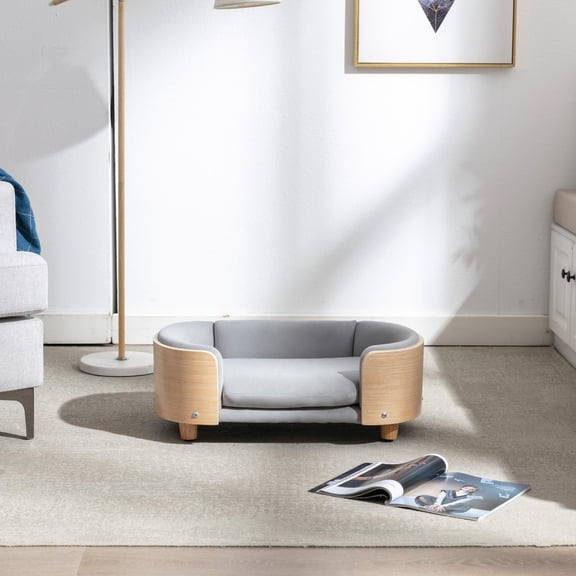 Noble House Scandinavian Elevated Small Dog Bed, Pet Sofa with Solid Wood Frame, Light Gray and Natural