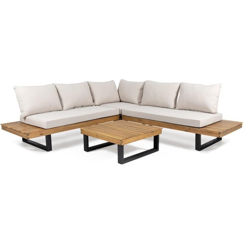 Teak Brown Four-Seater Sectional with Beige Cushions and Coffee Table
