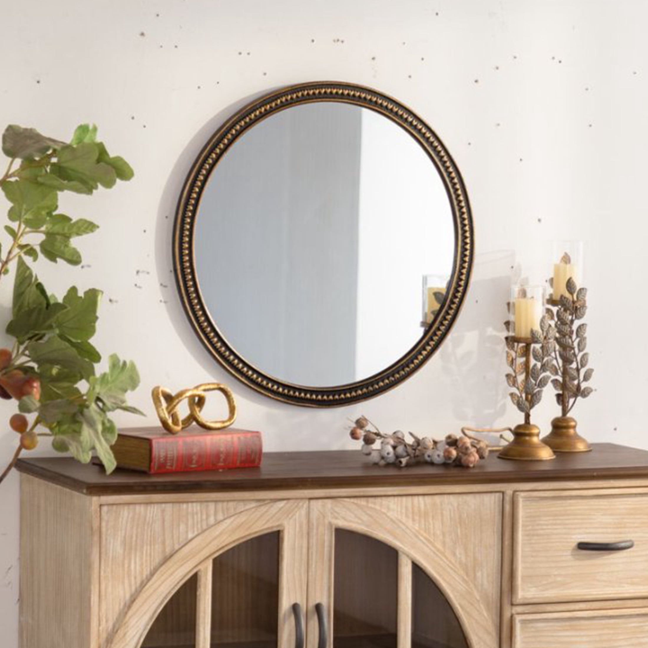 Noble House Selwick Round Decorative Wall Mirror with Vintage Beaded Frame and Muted Gold Trim, Bathroom, Black & Gold