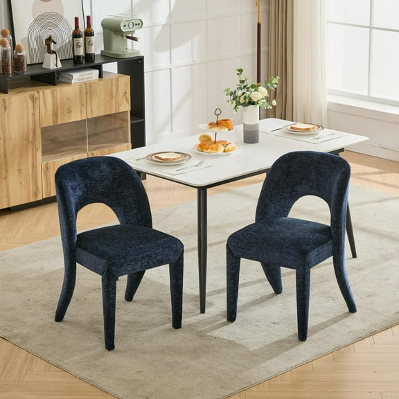 Noble House Set of 2 Chenille Dining Chairs, Hollow Back Upholstered Side Chairs with Iron Frame, Dark Blue